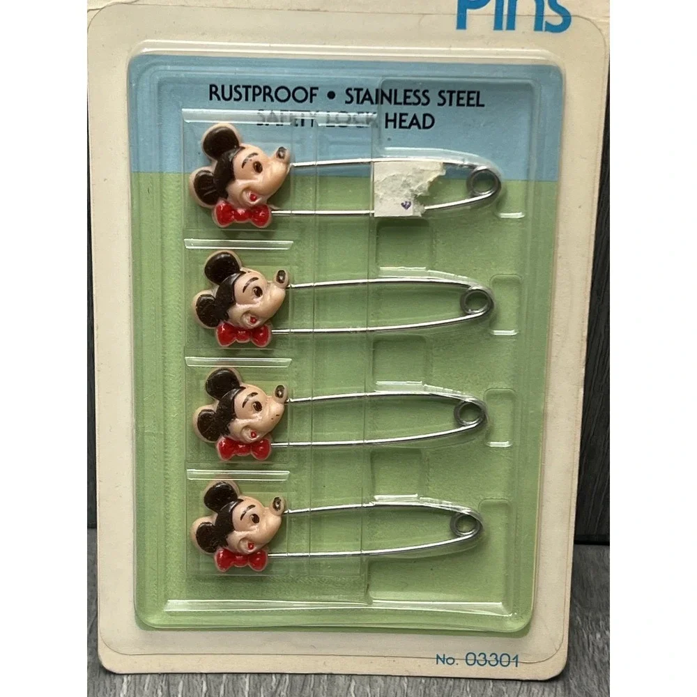 Vintage Walt Disney Mickey Mouse Diaper Pins Rustproof Stainless Steel‎ 4-Pack